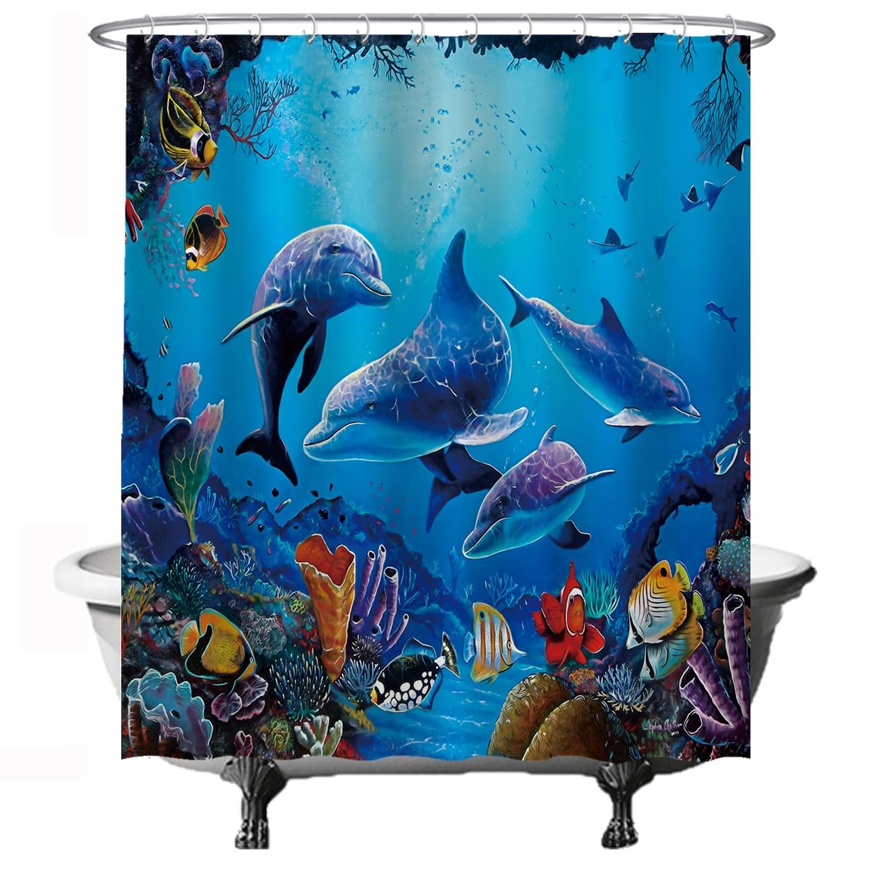 Ulticool Shower Curtain Nature Dolphin Sea Fish Aquarium Coral 180 x 200 cm Anti-Fungus with 12 Rings Blue