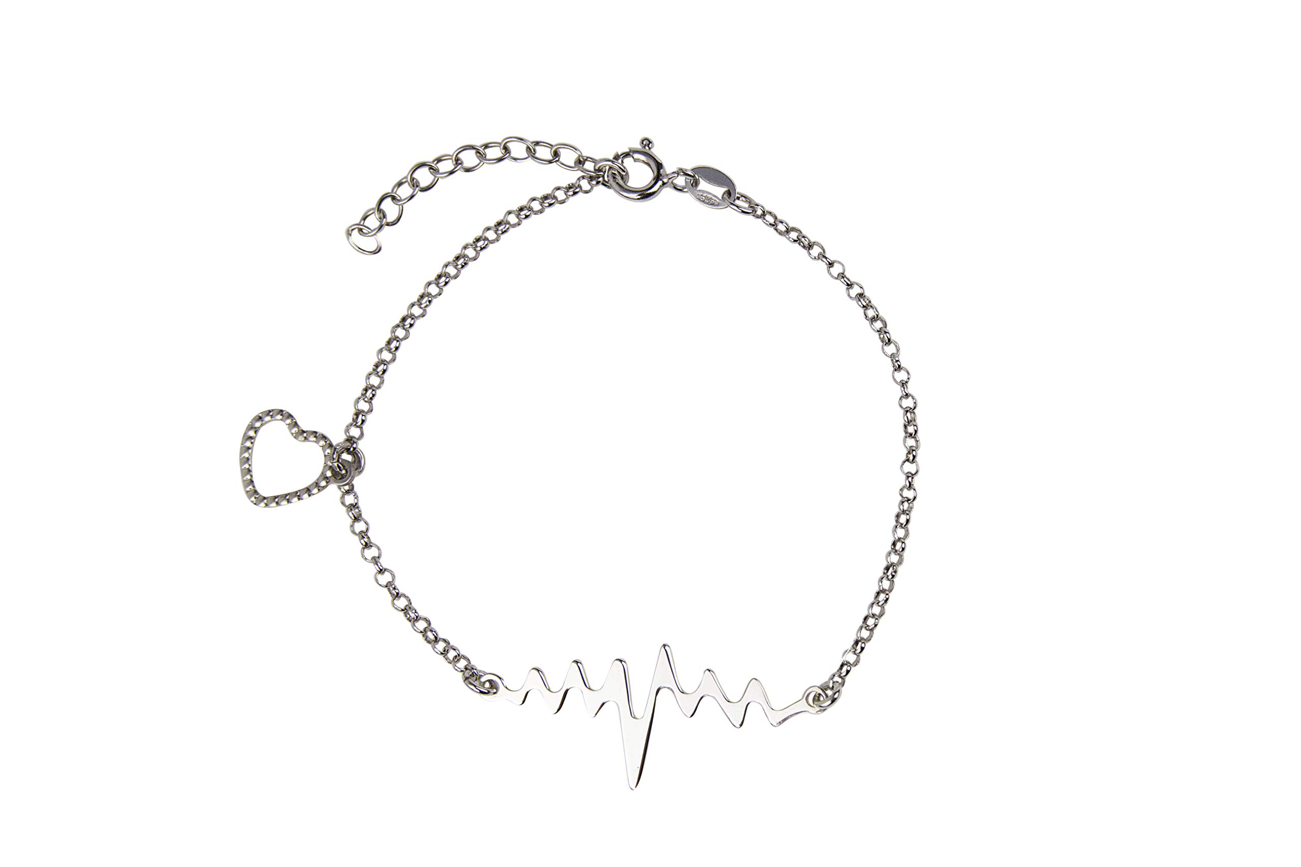 AKA Jewellery - Women 925 Sterling Silver Rhodium Heartbeat Bracelet with Heart Pendant - 8" in, Gift for Girls