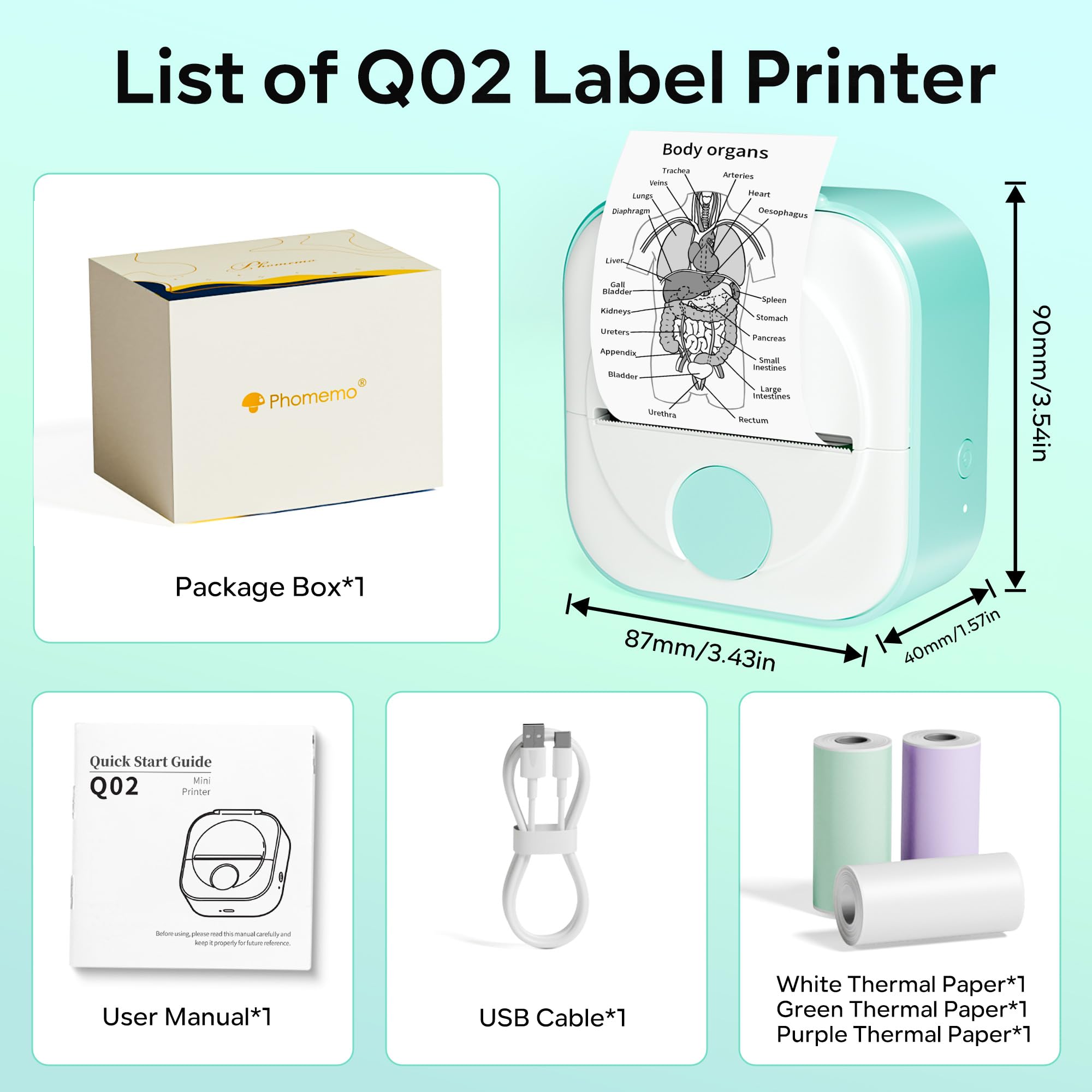 Phomemo Q02 Mini Drucker, Tiny Printer für Studium, Notizen, Bilder, Fotos, Tagebücher, Heimwerken, Sticker Drucker Kompatibel mit Telefon & Tablet, Handy Druckers mit 3 Rollen Papier, Grün 8