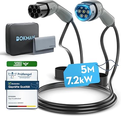 bokman Type 2 EV Charging Cable 32A 7.2kW 5m Mode 3 1 Phase Type 2 to Type 2