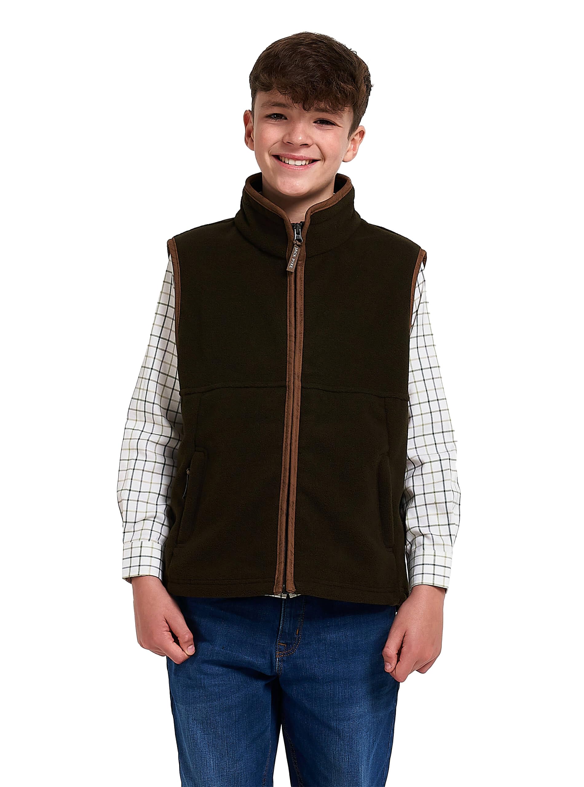 JACK PYKE Junior Kids Countryman Thermal Fleece Gilet – Warm 300g Sleeveless Outdoor Bodywarmer with Zipped Pockets and Faux Leather – Country Style Vest for Boys & Girls - Dark Olive, Size 9-10 Years