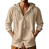 TAFLE Mens Linen Long Sleeve Button Down Shirts with Pockets Casual Hawaiian Beach Shirts Lightweight Fashion Hoodies