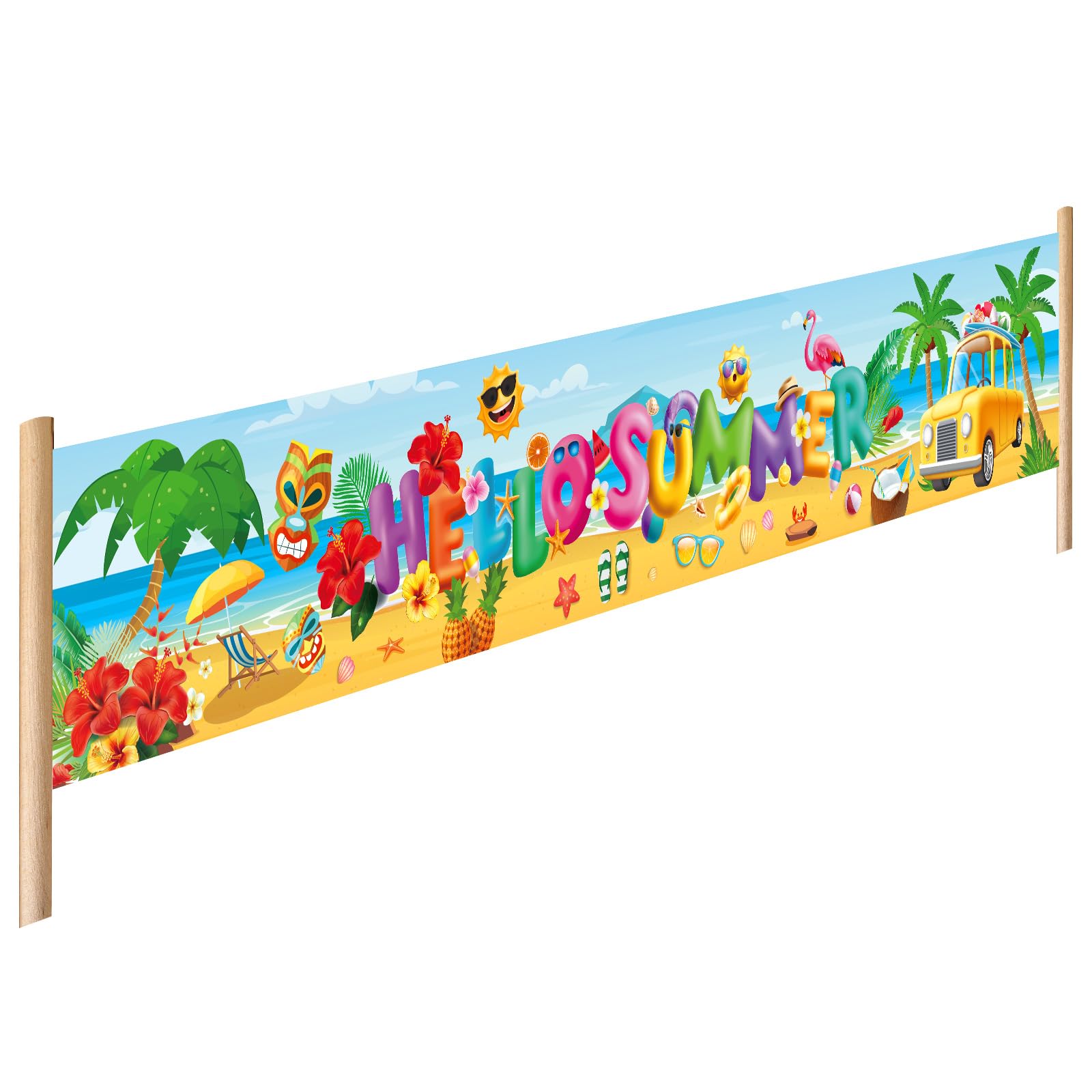 Hello Summer Banner, 118x20 Inch Hello Summer Beach Party Backdrop Yard Sign Banner Party Props for Summer Tropical Holiday Seaside Outdoor Decorations Supplies