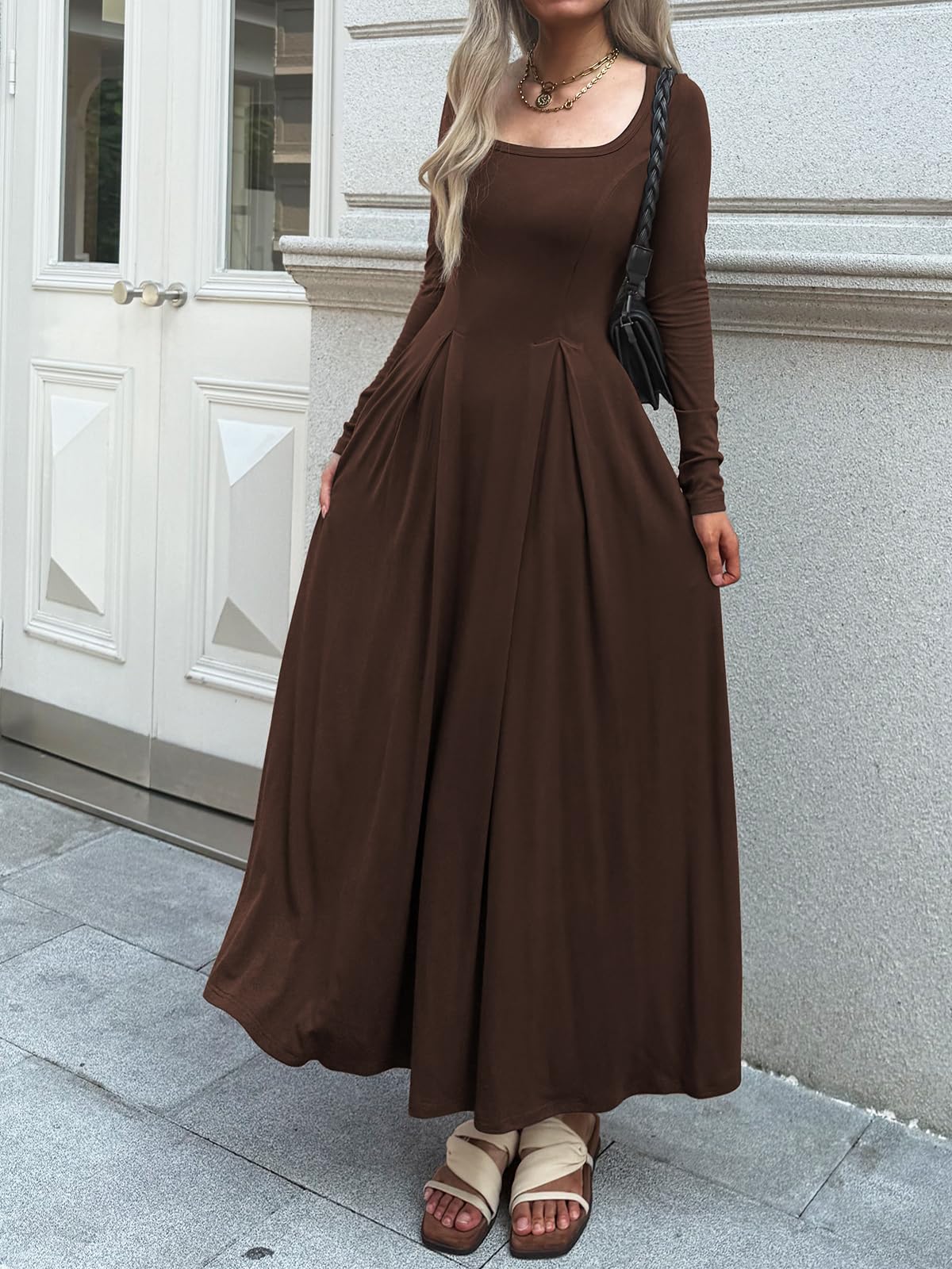 Mieazom Women Long Sleeve Square Neck Maxi Dress A-Line Pleated Flowy Elegant Party Cocktail Winter Fall Dresses with Pockets Brown S