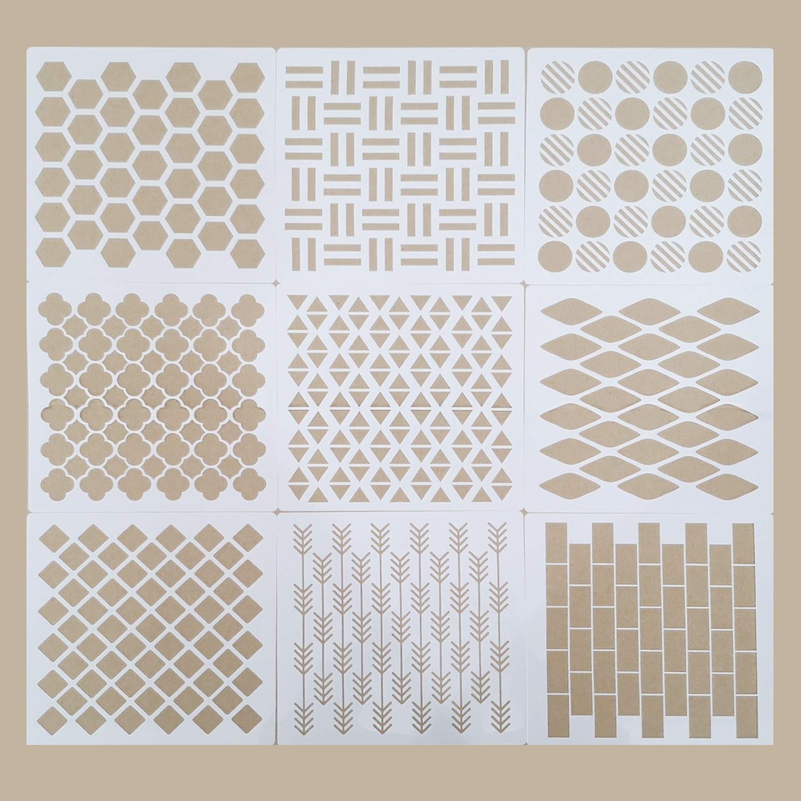 Geometric Stencils, 9 Set Geometric Art Painting Resuable Templates Honeycomb Stencils for Scrapbooking Drawing Tracing DIY Wood Canvas Furniture Wall Floor Decor, 7.9 Inches