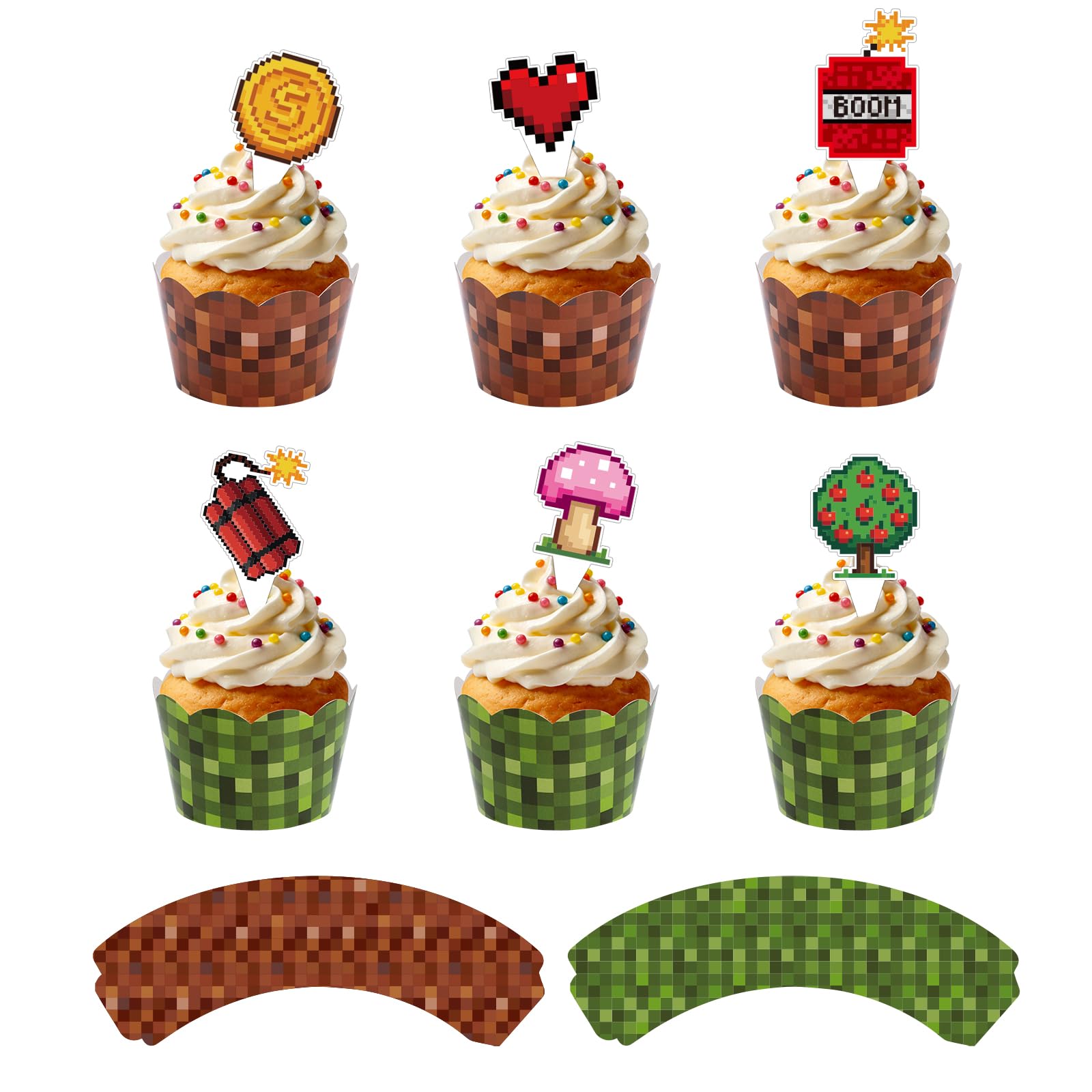 SAVITA 24pcs Pixel Cupcake Wraps with 24pcs Cupcake Toppers, Video Game Theme Birthday Cakes Decorations for Boy Girl Party Celebration Supplies