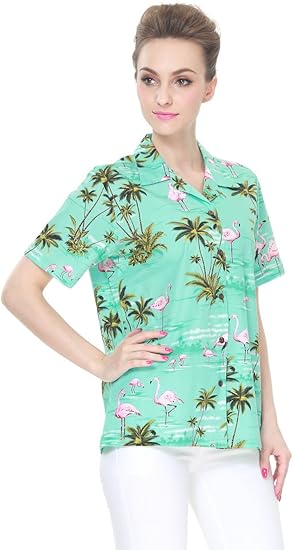 Amazon Co Jp ハワイで作られた女性のハワイアンレディアロハシャツ ピンクフラミンゴパームターコイズ ファッション