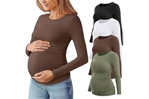 Huukeay 4 Pack Women's Maternity T Shirts, Long Sleeve Side Ruched Pregnancy Top Crew Neck Bodycon Shirts Casual Mama Clothes