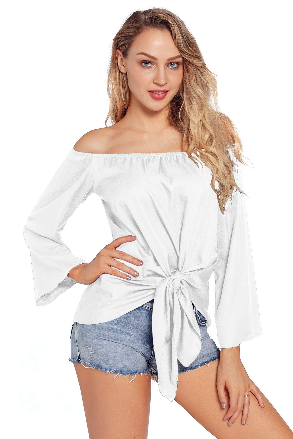 Chirps Women Off Shoulder Tank Tops T Shirts Short Bell Sleeves Casual Sexy Tee Front Tie Knot Blouses