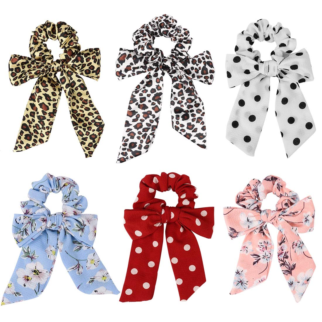SuPoo 6 Pack Leopard Scrunchies Print Animal Leopard Hair Scarf Satin Silk Hair Ties Elastic Hair Bands Bow Scrunchies Boho Flower Chiffon Hair Scrunchie Ponytail Holder for Women Young Ladies