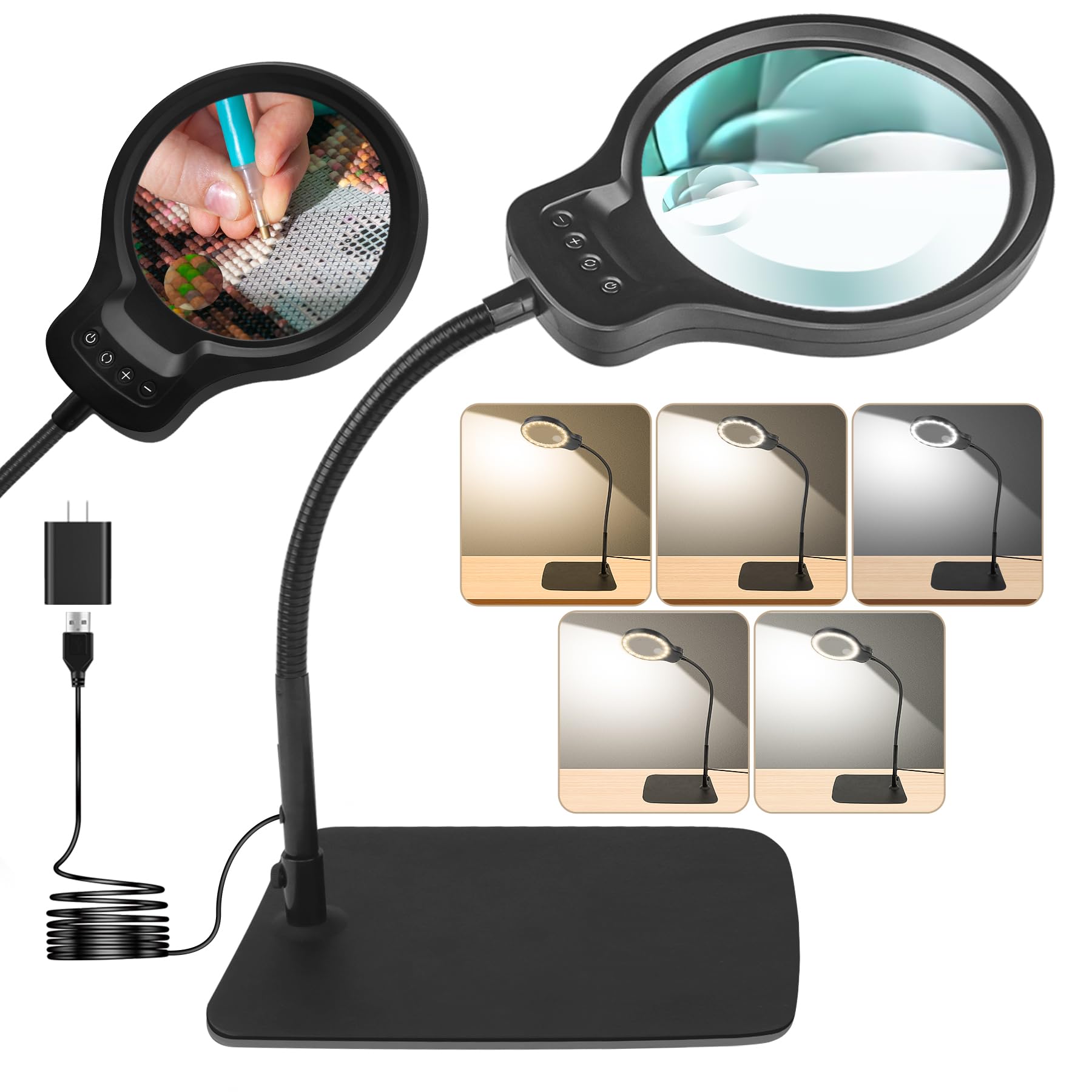 Photo 1 of 10X 30X Large Magnifying Glass with Light and Stand, 5-inch Lens, 5 Color Modes, Hands Free Magnifying Lamp for Close Work, Lighted Magnifier Desk Lamp for Craft Sewing Jewelry Painting Reading
