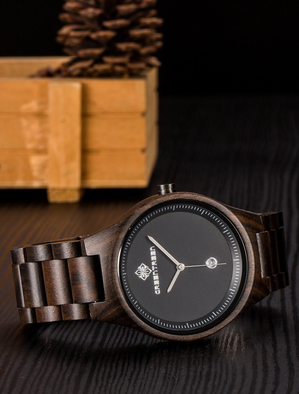 GREENTREEN Orologio da uomo in legno Analogico al quarzo, orologio da polso da uomo, dal basso peso fatto a mano in legno con data