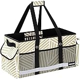 DSDCDJ Extra Large Utility Tote Bag with Reflective Strip, Standing Reusable Grocery Bags with Hard Bottom, Collapsible Utility Tote with Handles for Shopping, Beach, Picnics, Car, Striped Gray