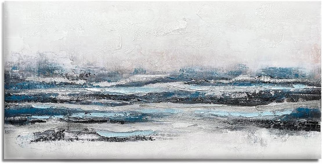 Paintings - Blue Gray Abstract Canvas Wall Art Haze Blue Painting Textured Navy and Silver Pictures for Bedroom Abstract Skyline Artwork Living Room Wall Décor 48x24 Inch