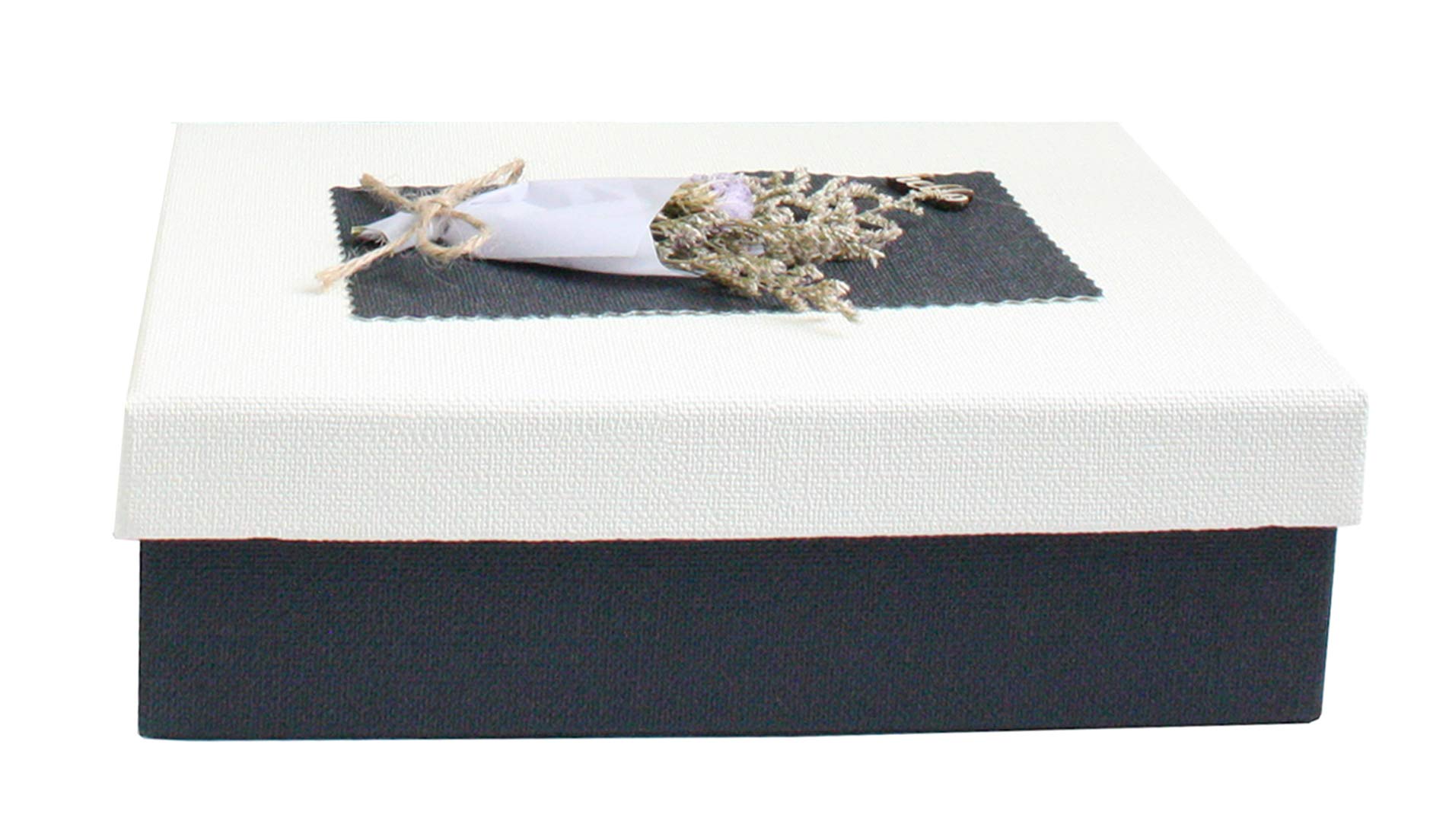 Emartbuy Rigid Luxury Rectangle Shaped Presentation Gift Box, 26 cm x 19 cm x 8 cm, Black Box with White Lid, Chocolate Brown Interior and Dried Flower Decoration