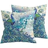 Teal Peacock Throw Pillow Covers Set of 2, Vintage Watercolor Blue Teal Turquoise Peacock Gifts Microfiber Fabric Decoration Pillowcases Home Sofa Couch Bed Decor Square 18x18 Inches Pillow Cases