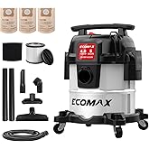 ECOMAX 5 Gallon Ultra Quiet Stainless Steel Shop Vacuum Wet and Dry | 4 Peak HP, 80% Quieter Operation, Durable Long Life Motor, Portable Vacuum for Garage, Workshop, Jobsite, Complete Accessory