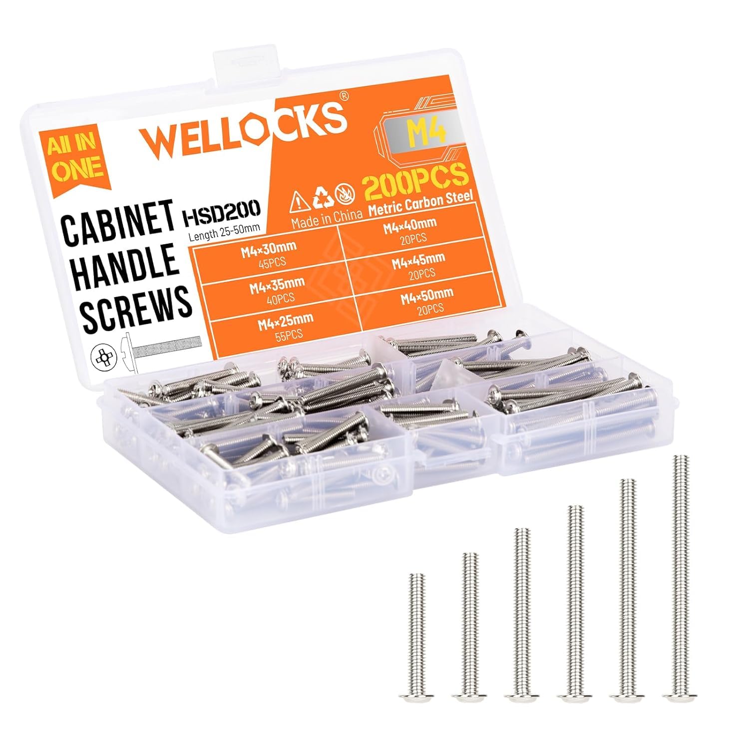 WELLOCKS Cabinet Handle Screws | M4 25-50mm Machine Screws Assortment | Pan Washer Head Metal Phillips Kit | for Cabinet Drawer Cupboard Closet Pulls Knobs (HSD200) | Silver | 200 PCS
