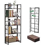 VECELO 5 Shelf Bookcase,No-Assembly Folding-Bookshelf,Upgrade Industrial Standing Racks Study Organizer with Metal Frame & Wo