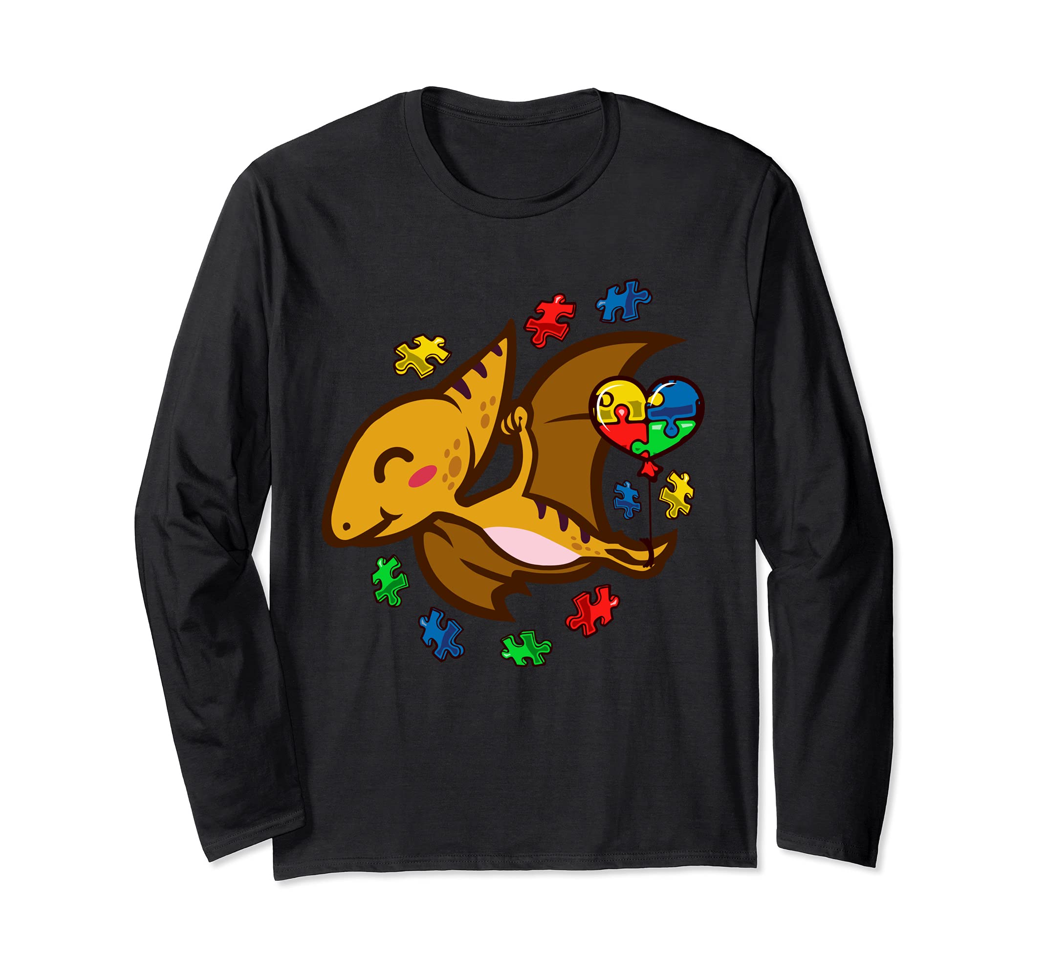 Autism Awareness Cute Pterosaur Dinosaur Puzzle Heart Love Long Sleeve T-Shirt