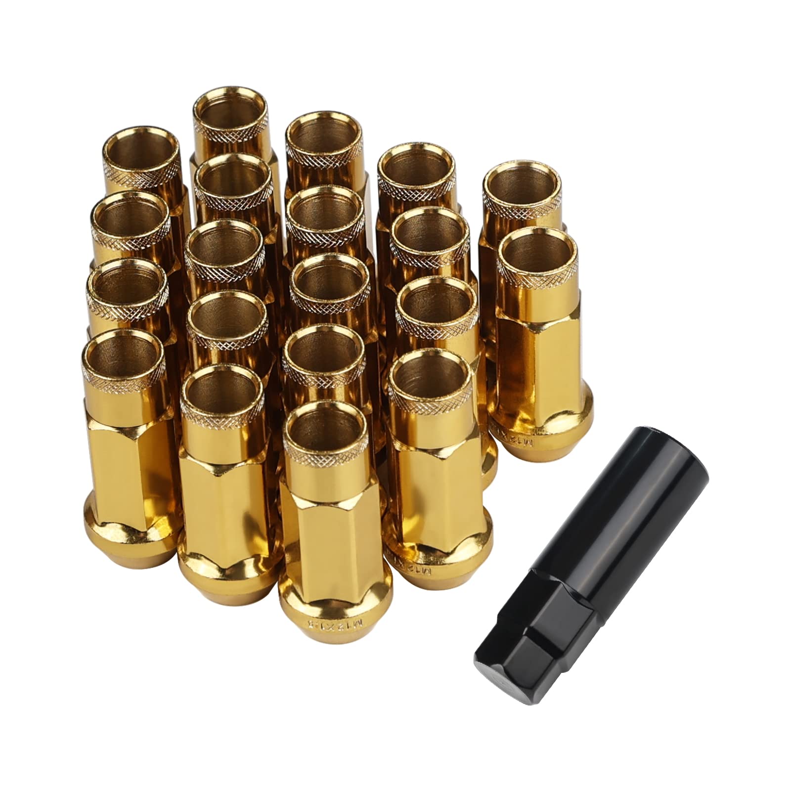 スチール製 ホイールナット タイヤナット レーシングナット ホイールロックナット M12 x P1.5 高さ48mm 20個セット 貫通ナット カラーナット 盗難防止 ロックナット 専用ソケット付き (ゴールド) の商品画像