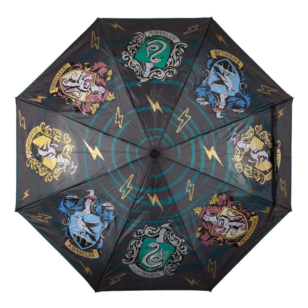 Meroncourt Unisex Harry Potter Hogwarts House Crests Liquid Reactive Compact Umbrella Plain Umbrella, Black, One size