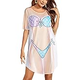 Ekouaer Women's Bikini Shirt Cover Up Short Sleeve Cute Bikini Print Cover-Up Baggy T Shirt Dress Fun Wear