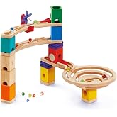 Hape Quadrilla Race to Finish Wooden Blocks with Marble Run Play | Durable STEAM toy with biodegradable blocks for spatial skills, problem-solving, and parent-child racing interactions