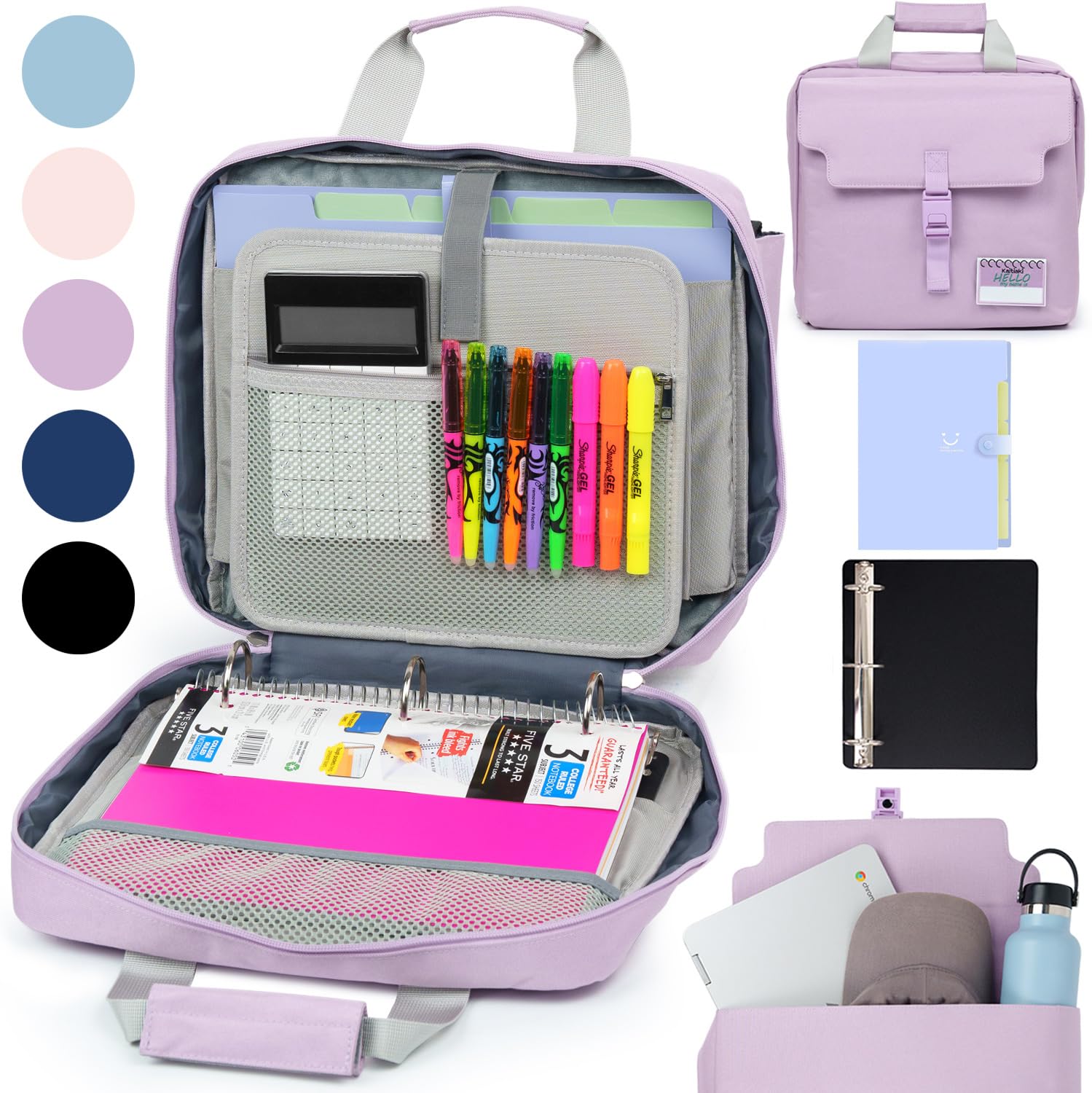 Photo 1 of Kaitiaki 3 Ring Zipper Binder Bag with Handle and Shoulder Strap, 2-Inch O-Ring, Large Laptop Pocket, 5-Tab Expanding File Folder, School Supply Kit (Pale Purple)