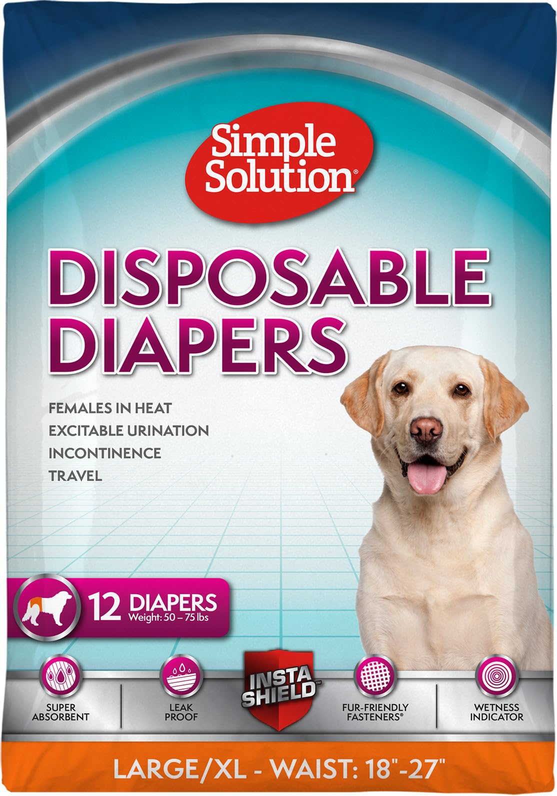 Photo 1 of Simple Solution Disposable Dog Diapers for Female Dogs, True Fit, Absorbent, Leak Proof with Wetness Indicator, XL Puppy & Doggie Period Pad and Pee Diaper, for Large Pets, 18-27 Inch Waist, 12 Count