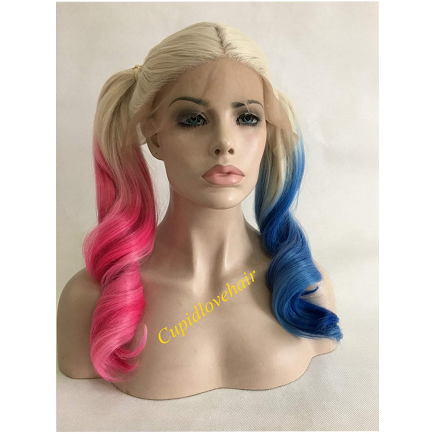 Cupidlovehair Long Wavy Blonde Ombre Pink Blue Color Big Loose Wave Heat Resistant Cosplay Synthetic Lace Front Wigs 22inch