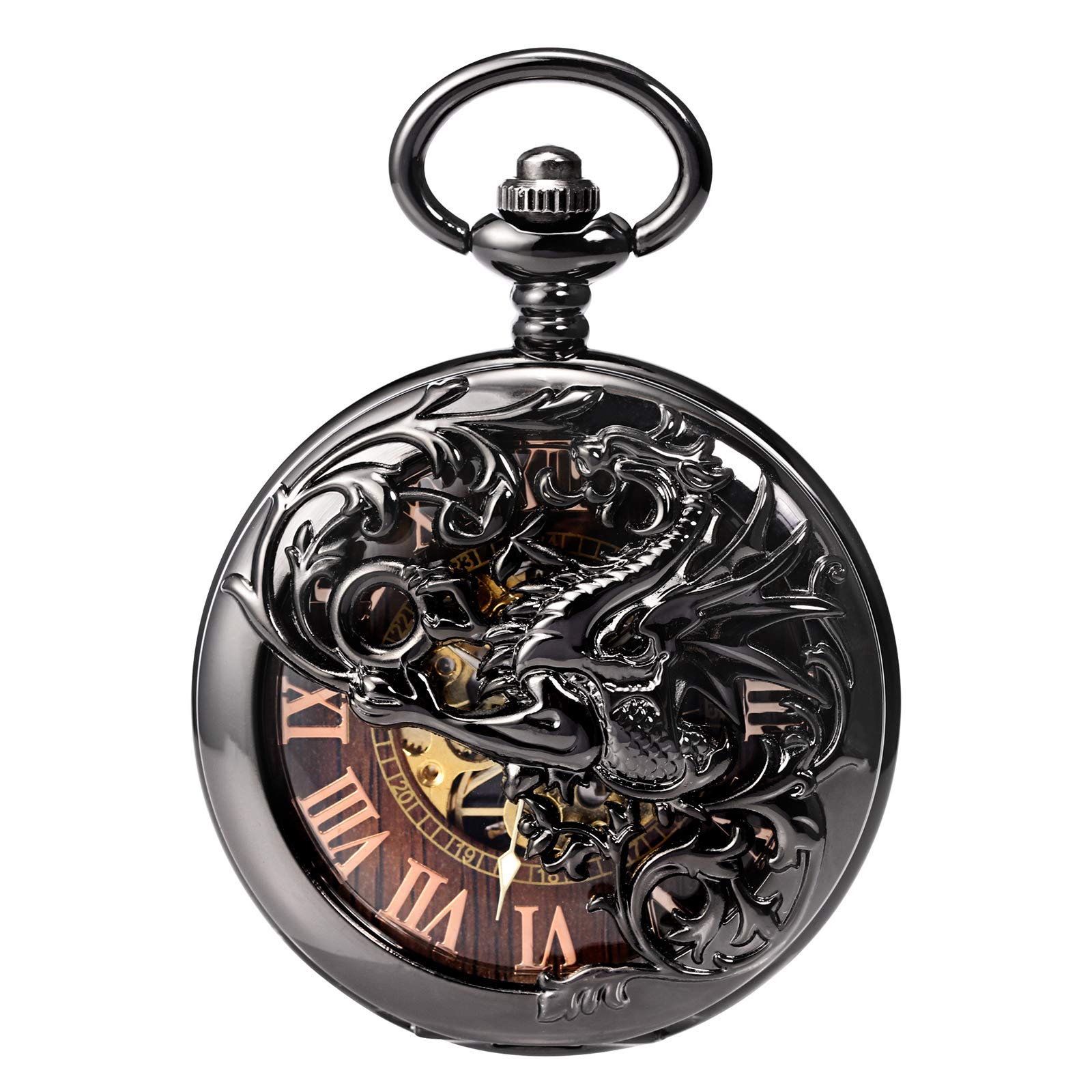 Antique Dragon Mechanical Skeleton Pocket Watch with Chain