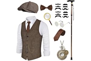 VillbeCoser 1920s Mens Vest Costume Roaring 20s Accessories, Foldable Metal Crutches Fedora Hat Halloween Party