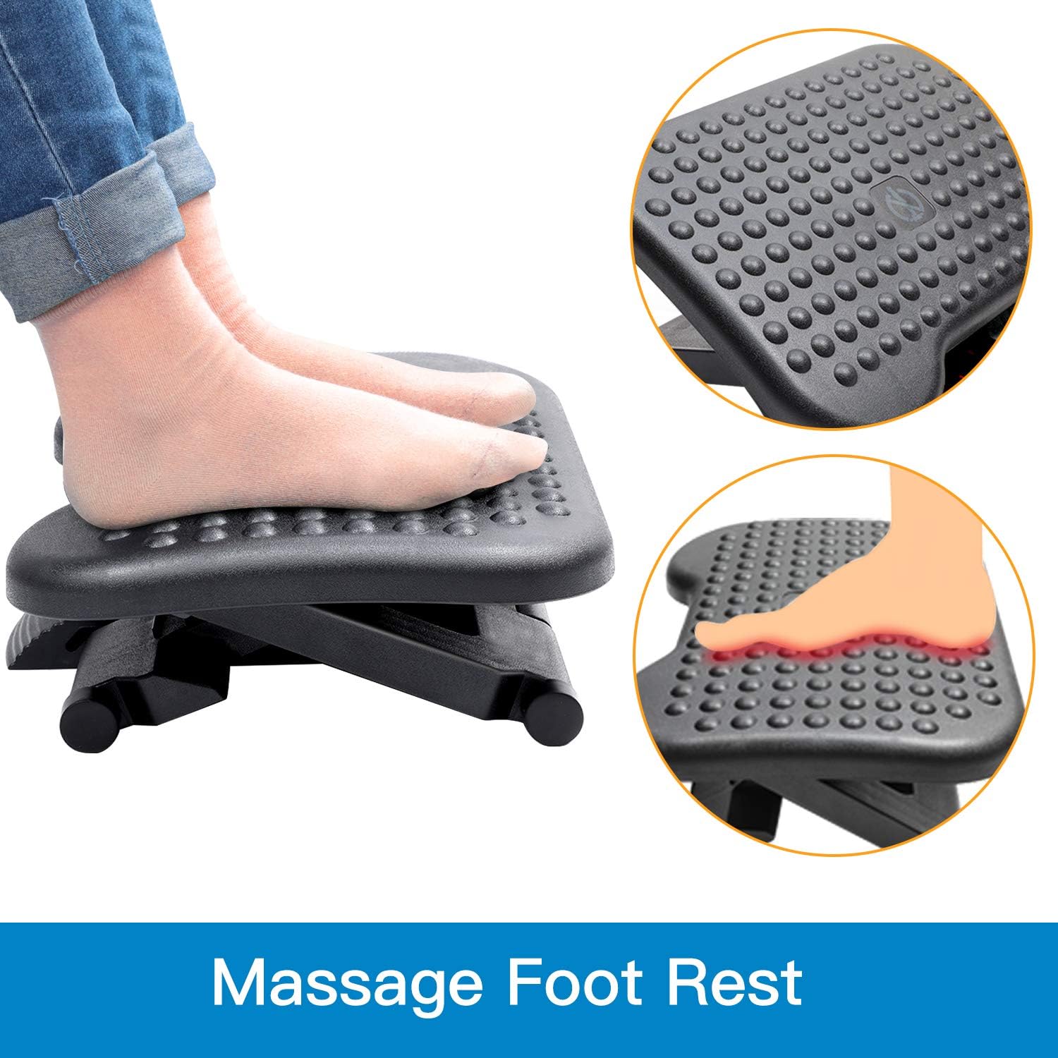 HUANUO Adjustable Under Desk Footrest - Ergonomic Foot Rest with 3 Height Position - 30 Degree Tilt Angle Adjustment for Home, Office, Non-Skid Massage Surface Texture Improves Posture and Circulation : Office Products