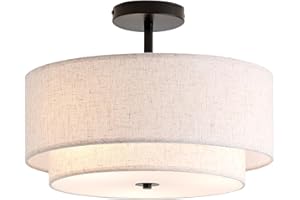 CALOKES 16" Double Drum 3-Light Semi Flush Mount Ceiling Light, Classic Fabric Linen Shade Design for Living Room, Bedroom, Kitchen, Dining Room, Hallway and Entryway