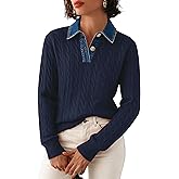 SAUKOLE Sweaters for Women Denim Lapel V Neck Buttons Closure Casual Long Sleeve Cable Knit Loose Pullover Sweater