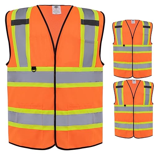 Dazonity Safety Vest with Multi-Pockets,2pcs,Reflective & High Visibility for Work,Construction,Parking,Warehouse,Orange