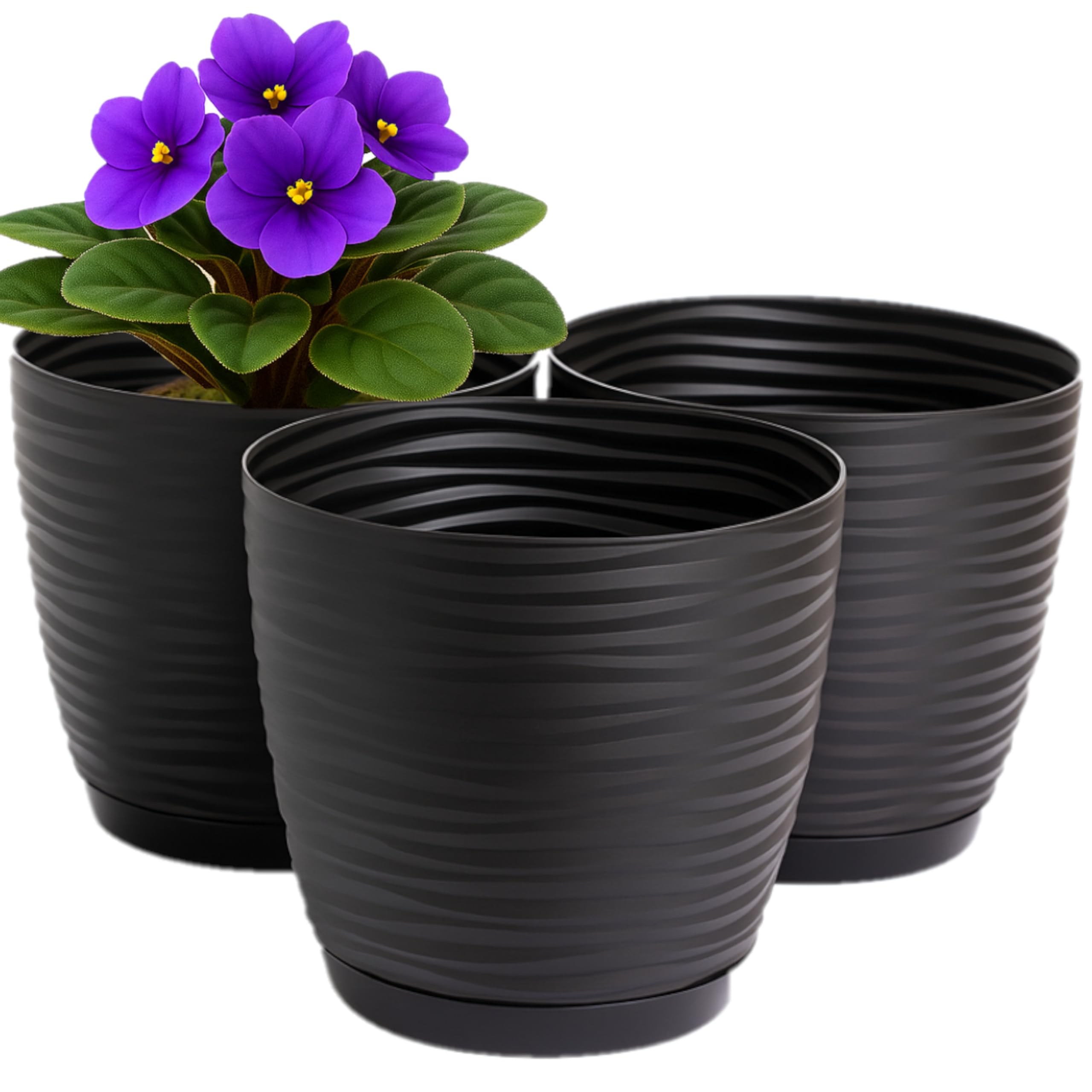Home Garden Ornaments Wave Plant Pots Indoor, Set of 3 Indoor Plant Pot with 3D Effect, Drainage Holes, and Integrated Saucer, Plastic Flower Pots (Diameter: 11cm, Colour: Black)