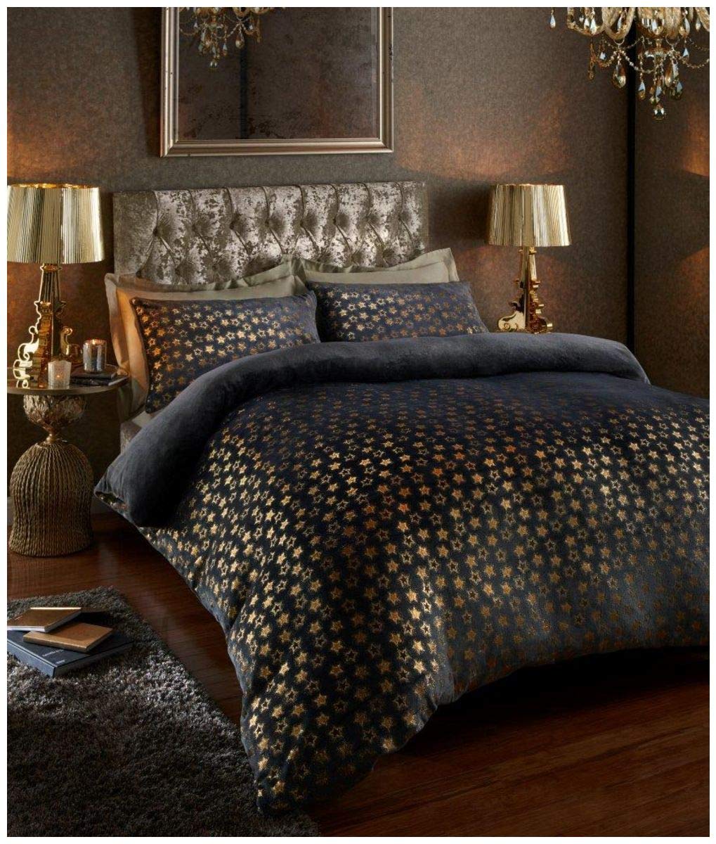 GC GAVENO CAVAILIA Luxury Quality Teddy Star Foil Fleece Duvet Cover Set with Pillowcases, Easy Care Soft & Cosy Quilt Set, Single, Charcoal