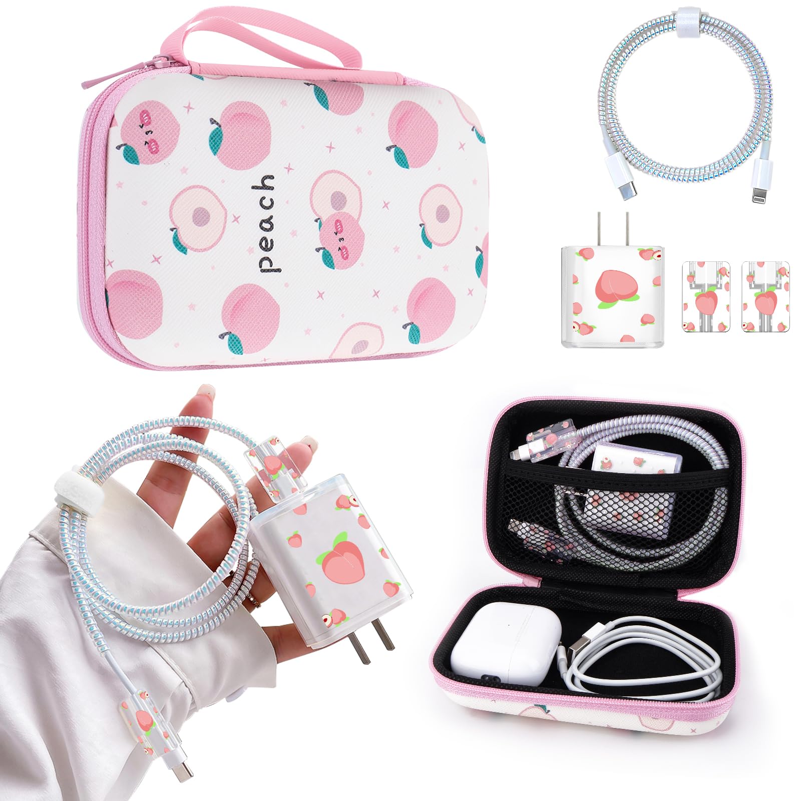 DiyGody DIY Phone Charger Cover Storage Sets Cable USB Earphone Wire Saver Organizer with Travel Storage Bag, Soft Cute Cable Protector Cord Organizer Compatible for iPhone(Peach) — image 1