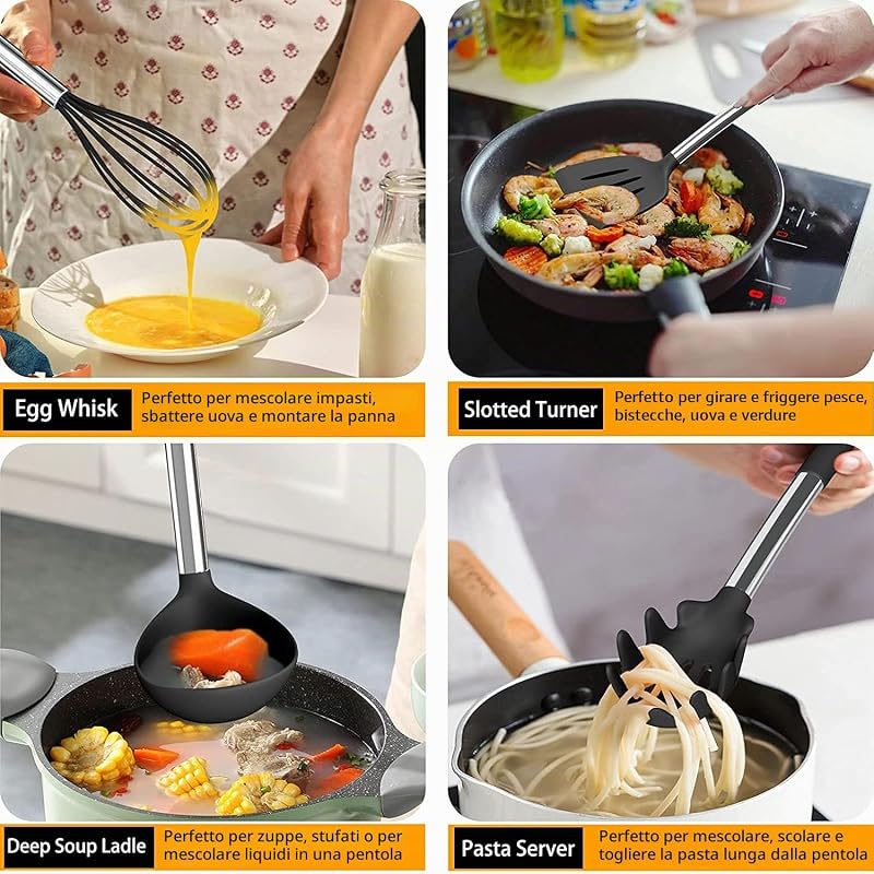 Set di 16 utensili da cucina in silicone, resistenti al calore, con manici in acciaio inox di alta qualità, per cucinare e cuocere, spatole antiaderenti — foto 6 di 7
