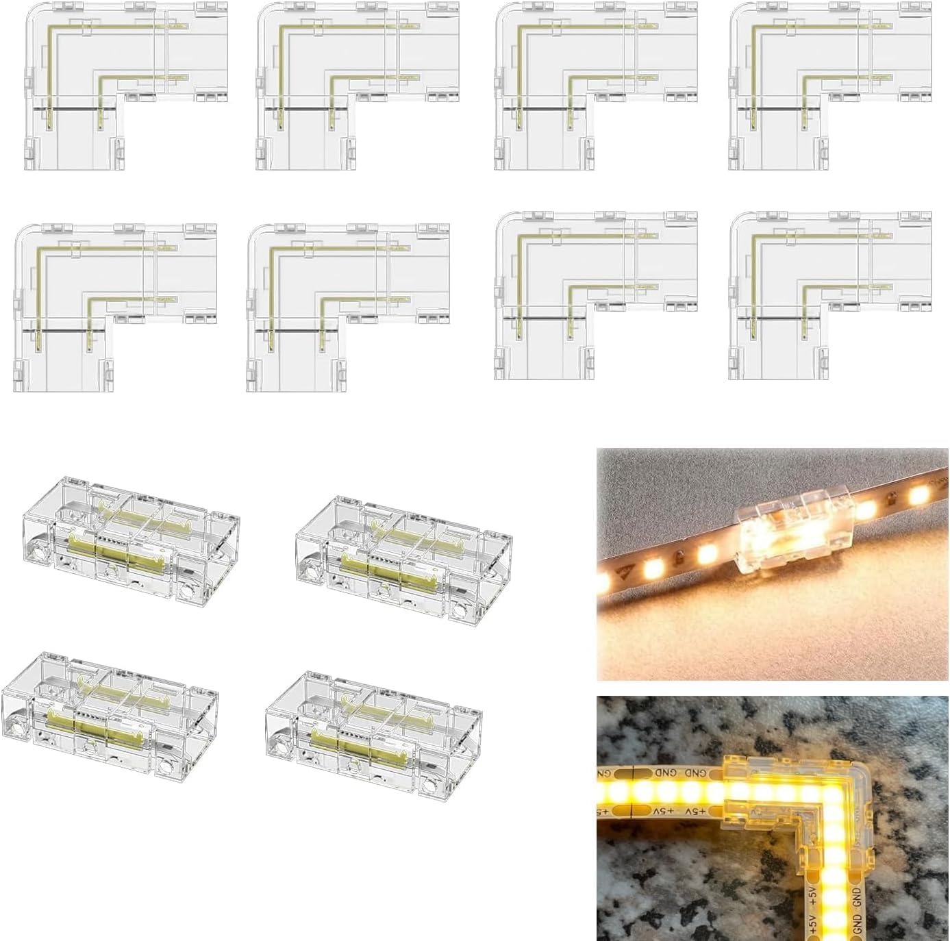 SHAOYAYAZHANG 8 x COB LED Strip Light Corner Connectors, 4 x Gapless Solderless Transparent Tape Light Connector for 2 Pin 10 mm 12 V 24 V COB LED Strip Lights (2PIN 10 mm)
