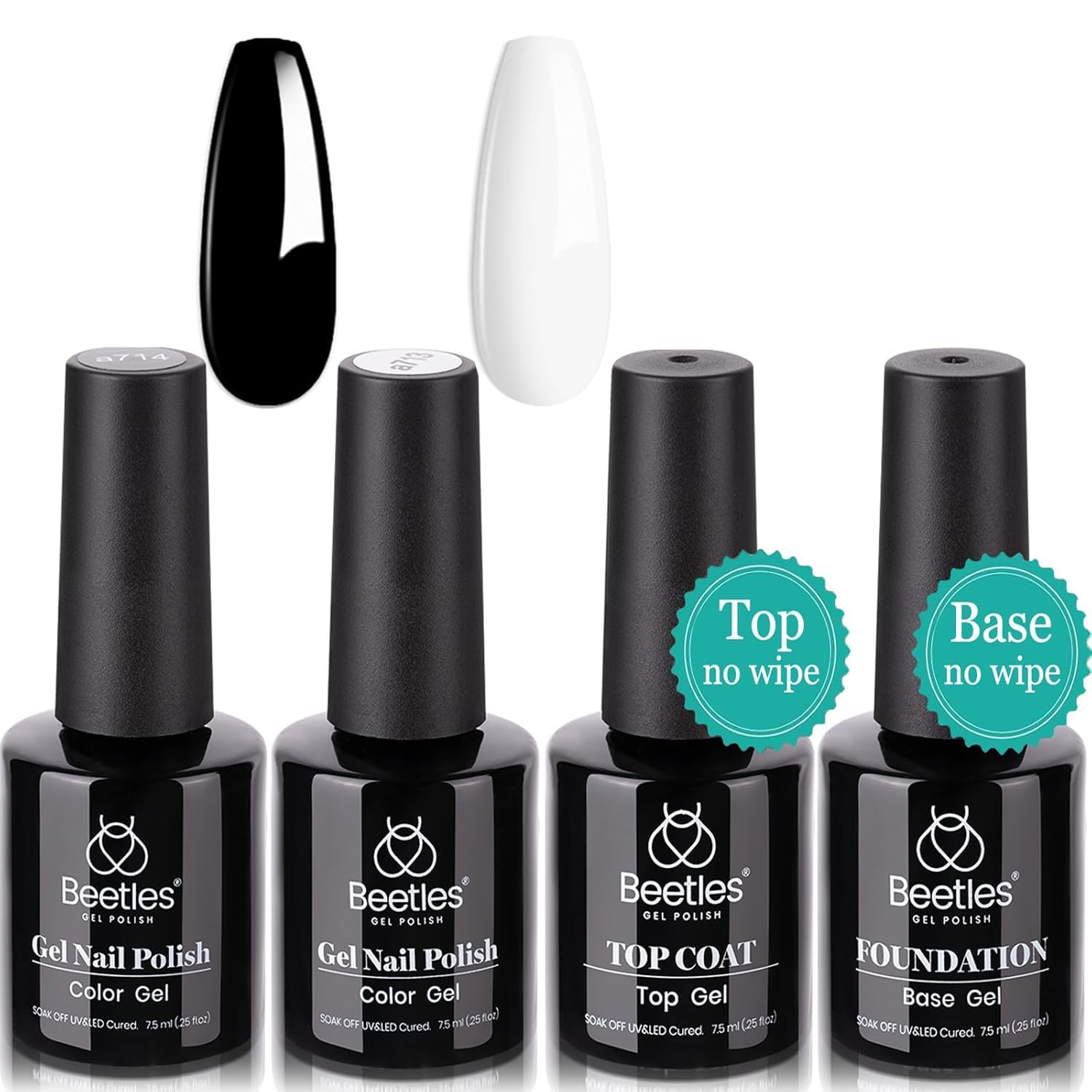 Beetles Gel Nail Polish Set- 4Pcs 7.5ml Black White Gel Nail Polish with No Wipe Top Coat and Base Coat Set Soak Off UV LED Lamp Manicure Salon DIY at Home Gifts for Her Women