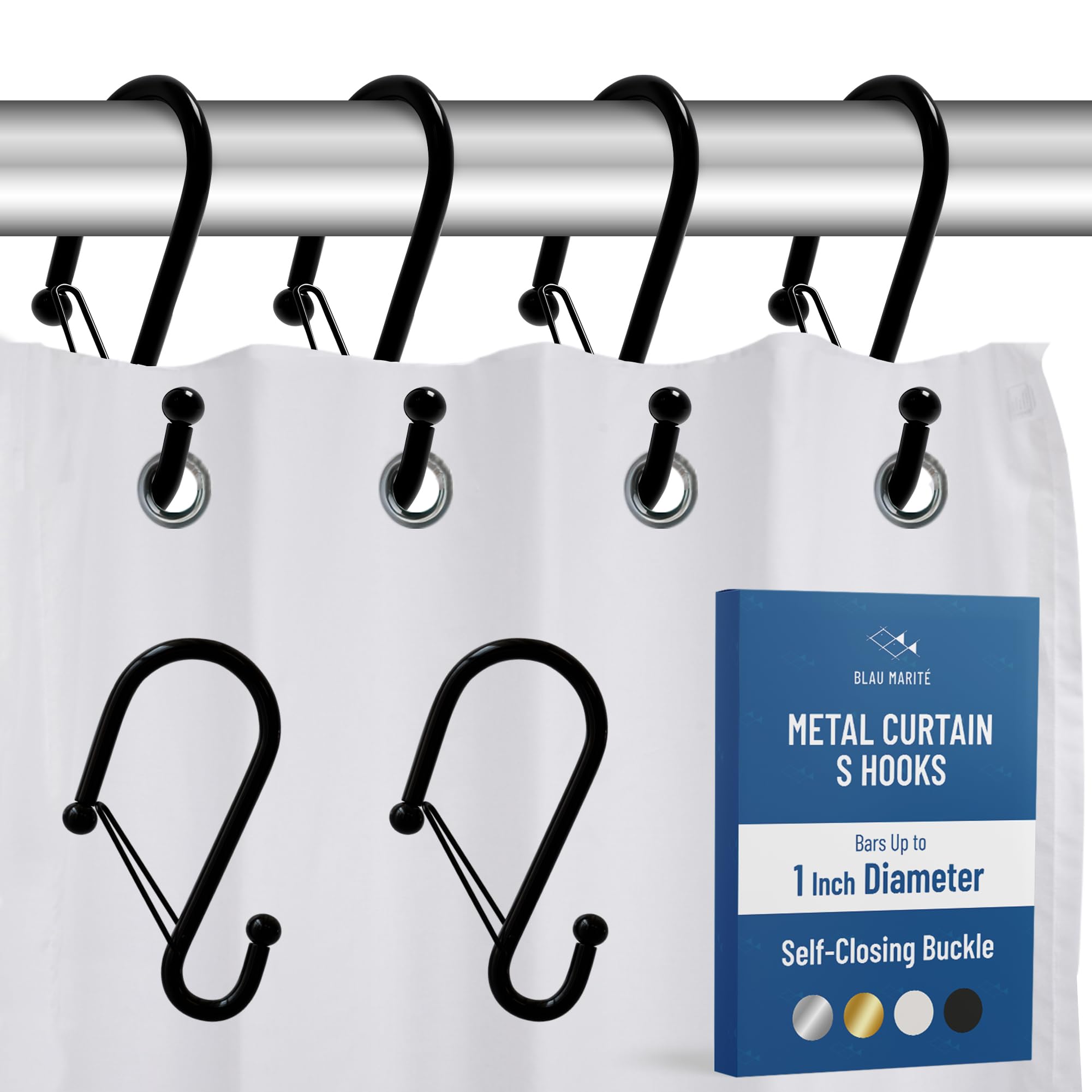 Blau Marité Set of 12 Black Metal S Hook Shower Hooks 1” – Closed, Heavy Duty, Long Decorative Shower Curtain Hooks, Easy Glide, Buckle, Large Rust Resistant Rings for Bathroom Rods (Black, S)