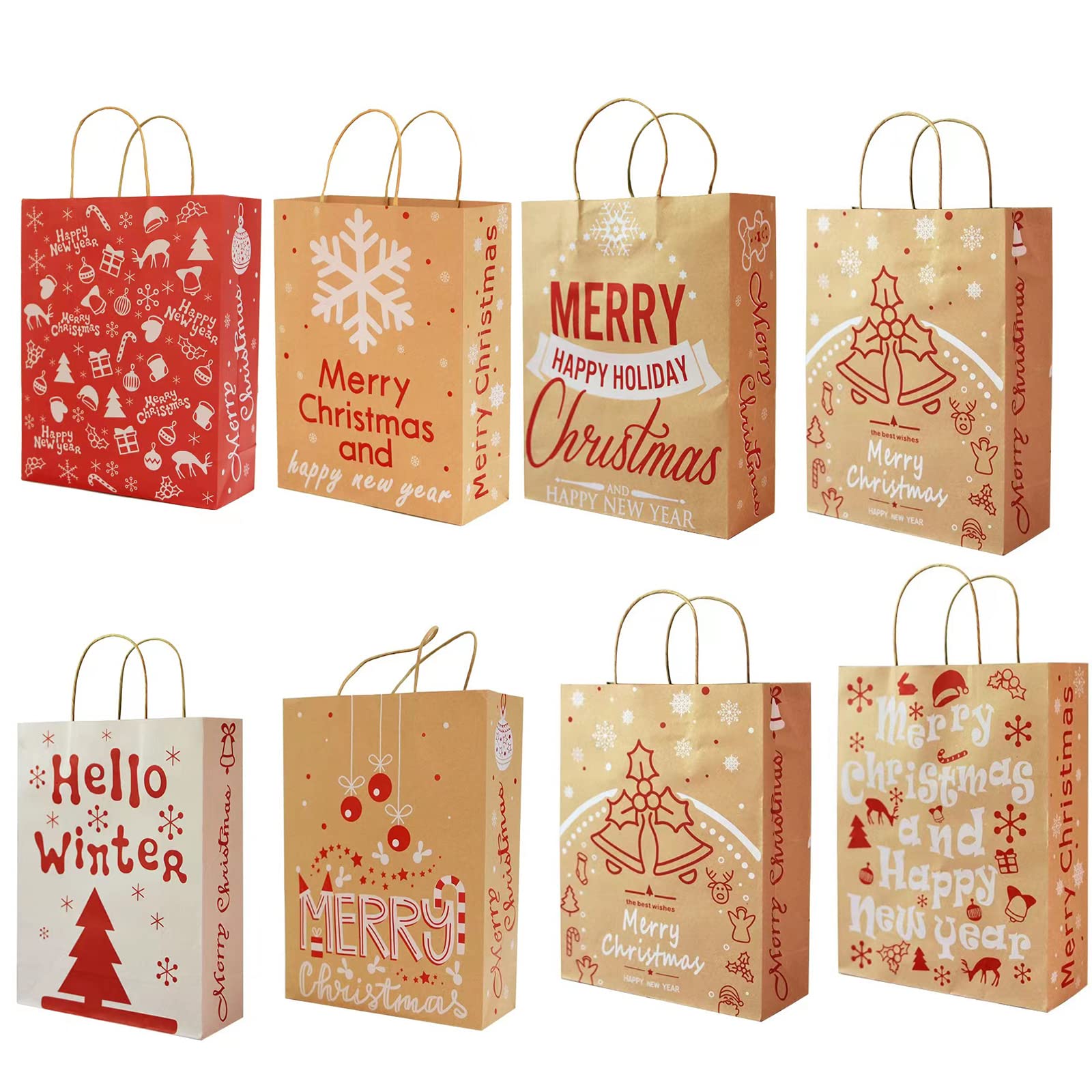 HBell 16pcs Christmas Kraft Gift Bags 8 Patterns Christmas Paper Bags with Handles,Gift Box,Elk,Snowflakes,Bells Design Gift Wrapping Bag,for Xmas Gift Packing,Festival Party Supplies