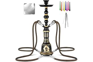 HAPYWAER 21'' Hookah Set 4 Hose Hookah Set With Everything, Glass Vase, Ceramic Bowl, Coal Tong, Leather Hose, Hookah Foil, Disposable Hookah Tips (Black)