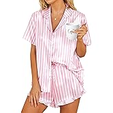 HOTOUCH Womens Satin Pajamas Set Button Down 2 Piece Silk Pjs Shorts Set Ruffle Lingerie Notch Collar Sleepwear