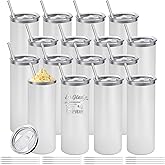 YOUKE OLA 16 Pack Stainless Steel Skinny Tumblers Bulk Straight Double Wall Powder Coated Insulated Tumbler with Lid and Straw for Laser Engrave, DIY Gift, 20oz White