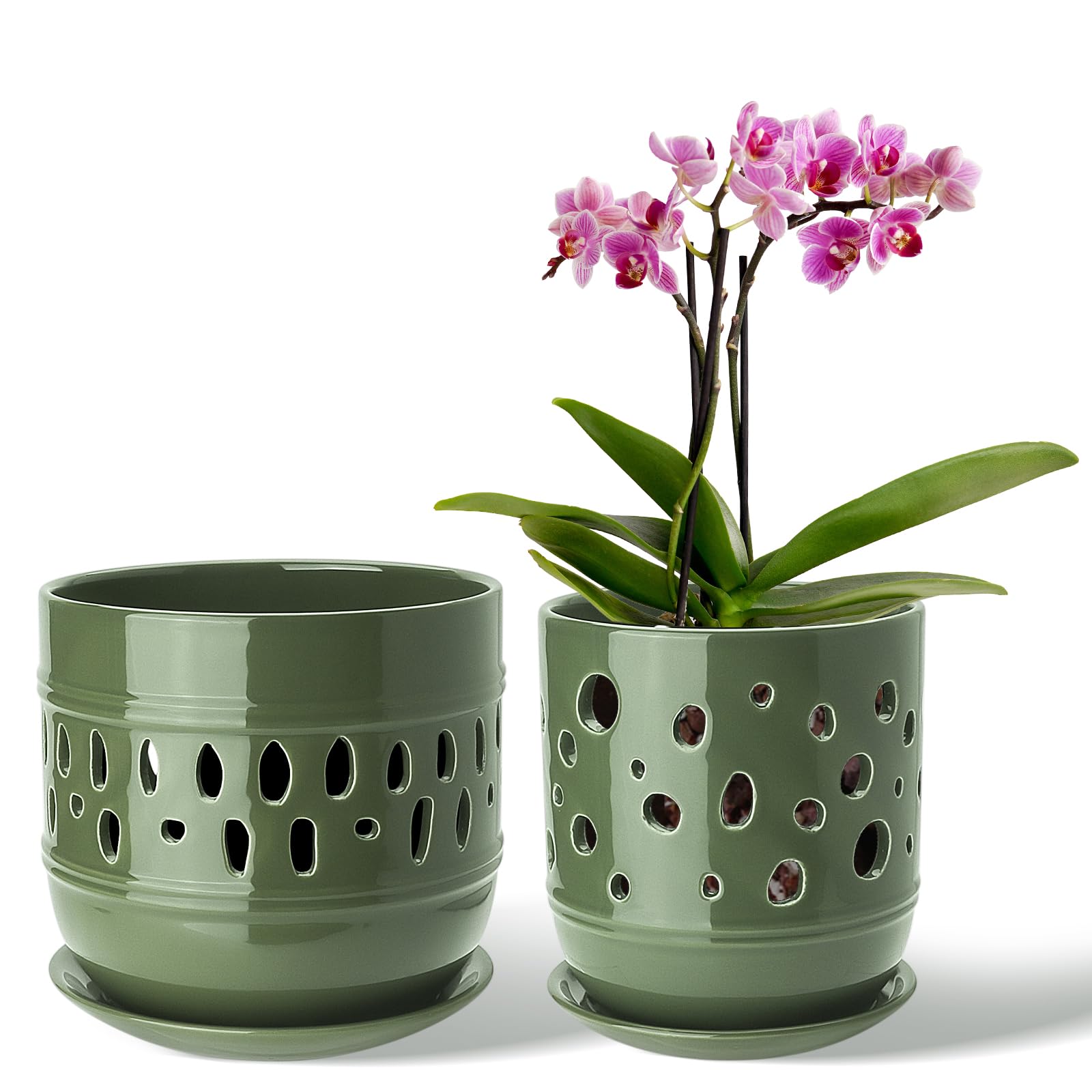 Photo 1 of LITUDISO Orchid Pots with Holes, 5+6 Inch Ceramic Orchid Pot, Enhance Good Ventilation and Drainage, Flower Pots for Indoor/Outdoor Plants 2 Pack - Forest Green