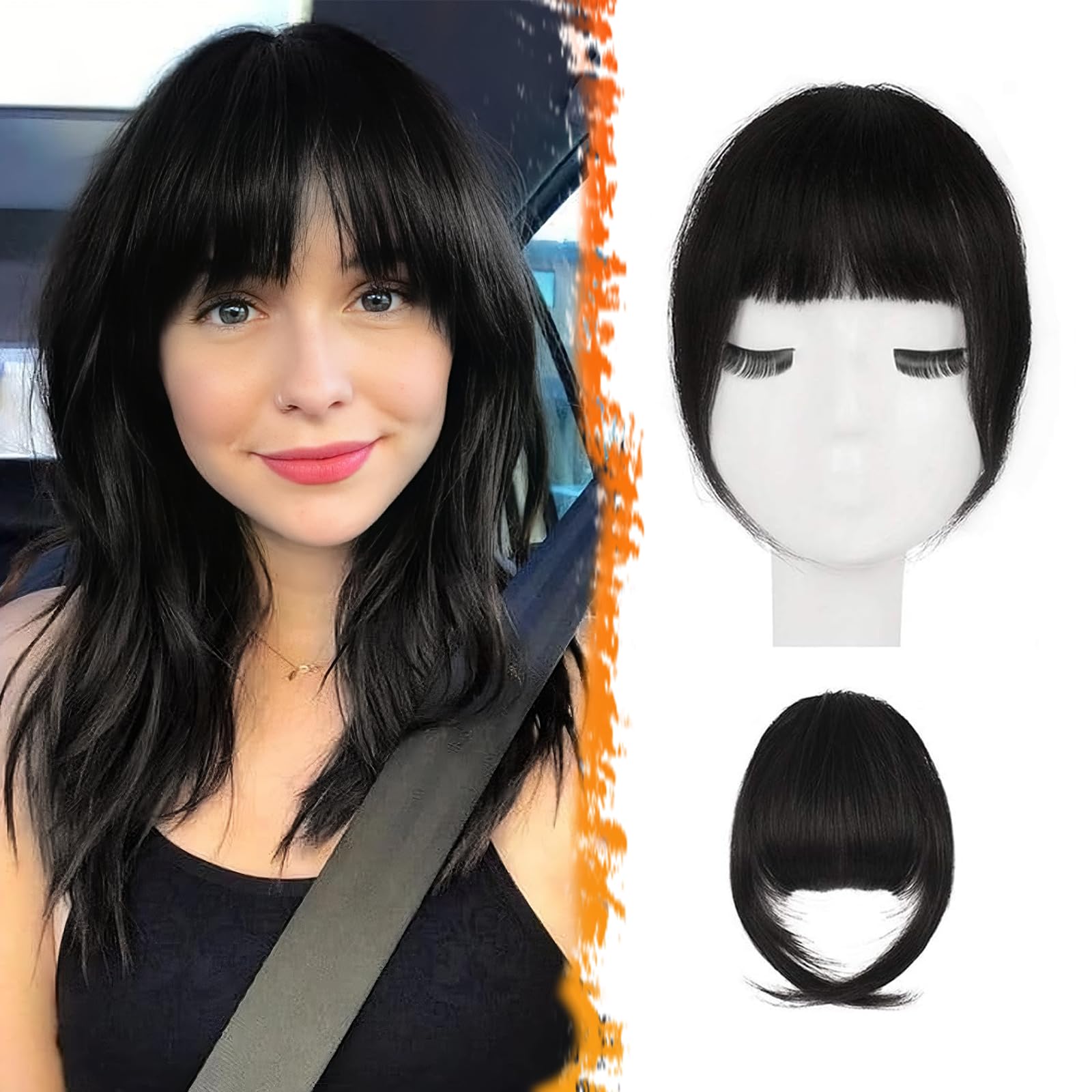 BARSDAR Clip in Fringe Human Hair 100% Real Hair Fringe Extensions French Bangs with Temples Clip on Bangs Natural Color Washable/Dye-able 1B#